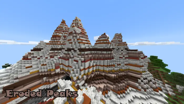 Layered, eroded peaks with striped terrain