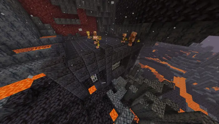 Piglins guard a dark fortress above lava flows.