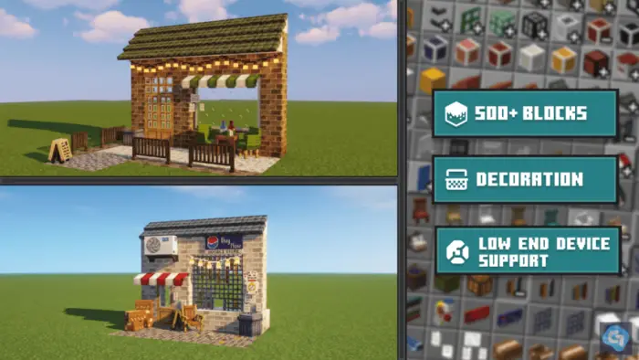 1. Outdoor cafe and shop builds with decor 2. Decorative block selection interface shown 3. Feature list 500 blocks, decorati