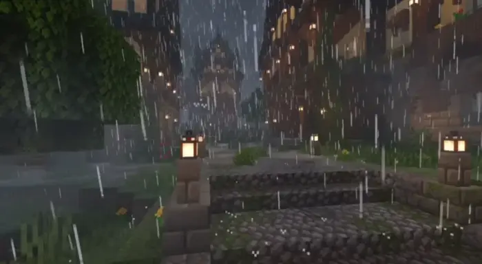 Realistic rain with glowing lanterns at night