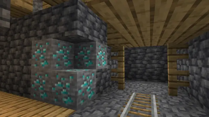 Diamond ore blocks in an underground mineshaft