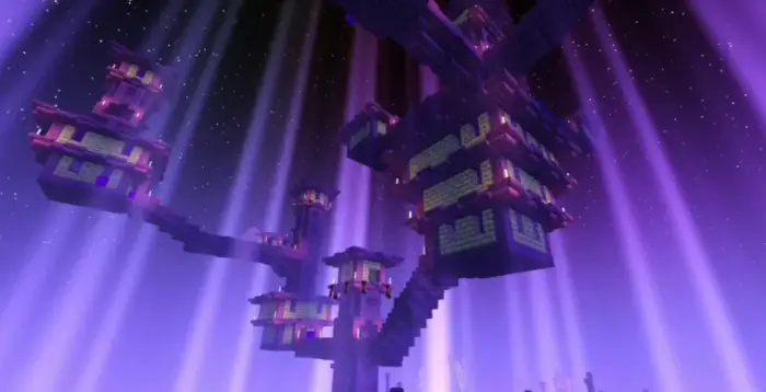Purple-lit fantasy structure with glowing rays