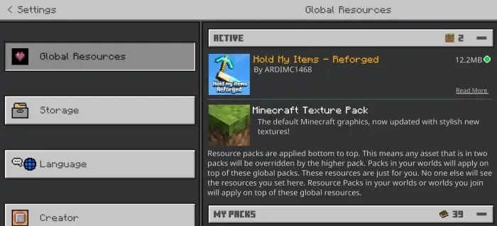 Global resources menu with texture pack active