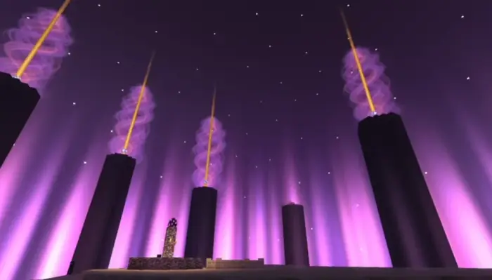 Tall towers with glowing purple light beams