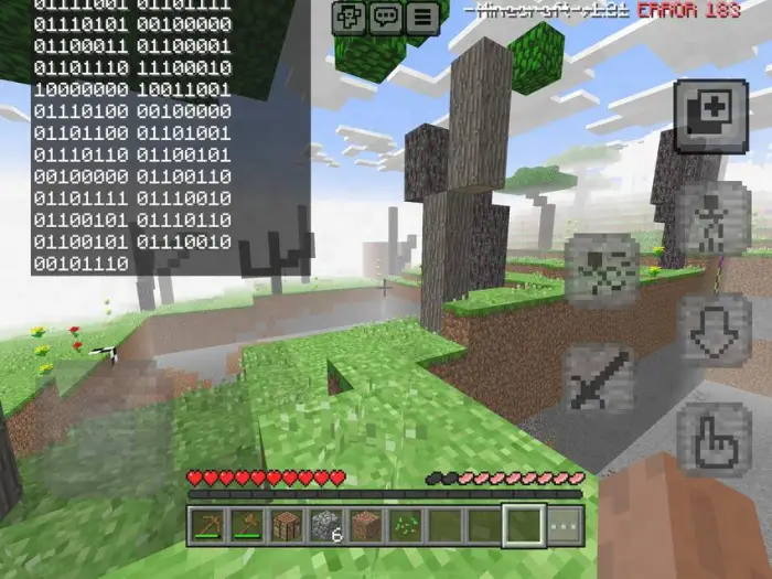 Glitched landscape with binary code overlay.