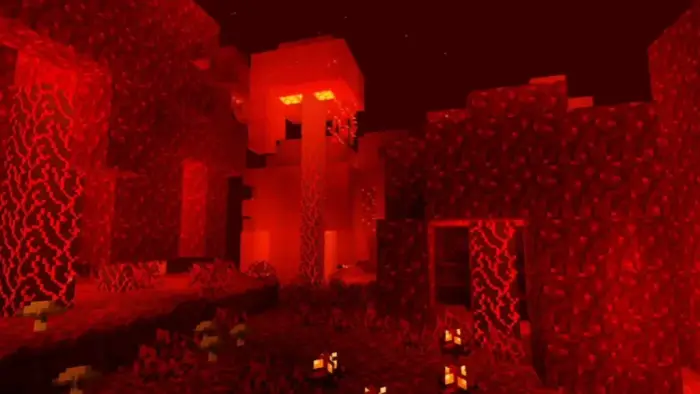 Glowing red cavern with lava-lit terrain