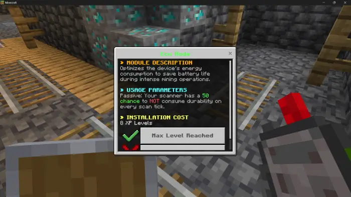 Ore scanner upgrade menu with mine tracks