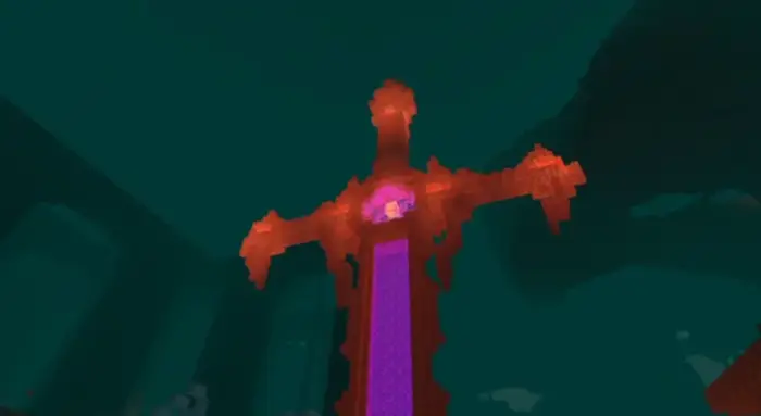 Glowing red sword structure with purple core