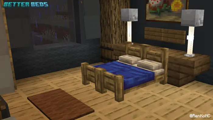 Modern 3D bed with blue covers and lamps