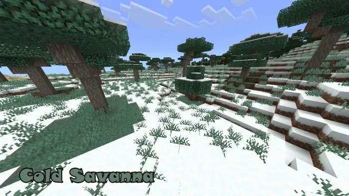 Snowy savanna landscape with acacia trees