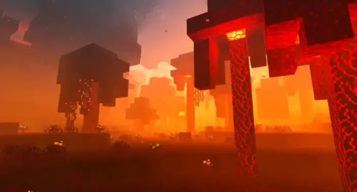 Glowing red forest with dynamic lighting