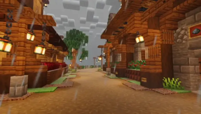 Village street with realistic lighting in rain