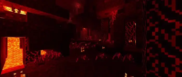 Glowing lava and shadows in a red-lit cave