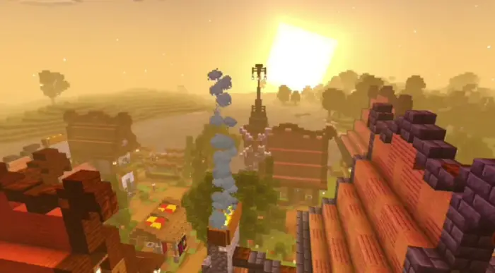 Vibrant village at sunset with soft lighting