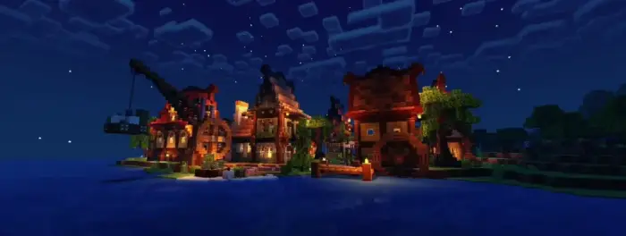 Cozy village at night with enhanced lighting