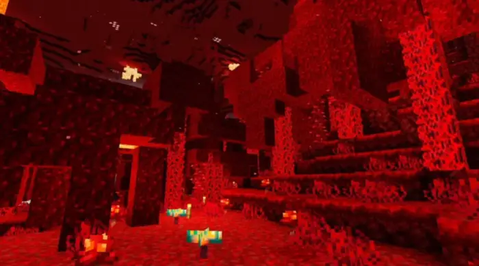 Glowing red cavern with vibrant lighting effects