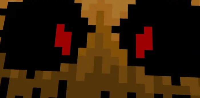 Pixelated horror face with glowing red eyes