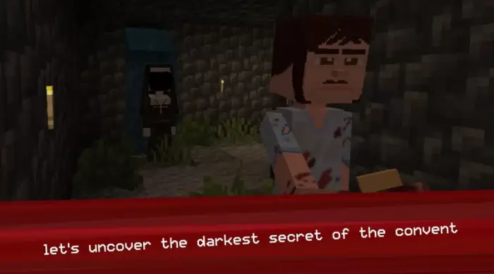 Pixelated character flees from ominous nun.