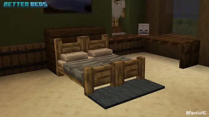 3D wooden bed with pillows and rug