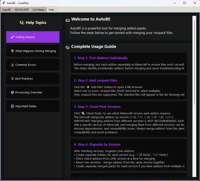 AutoBE modpack tool user interface screenshot