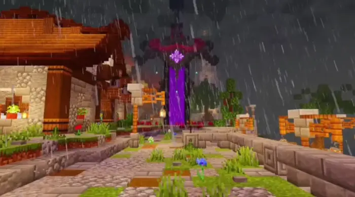 Rainy village scene with enhanced lighting