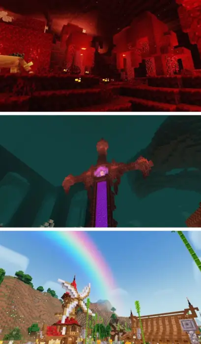 1. Glowing red cave with dynamic lighting 2. Portal structure with vibrant shadows 3. Colorful village scene with rainbow sky