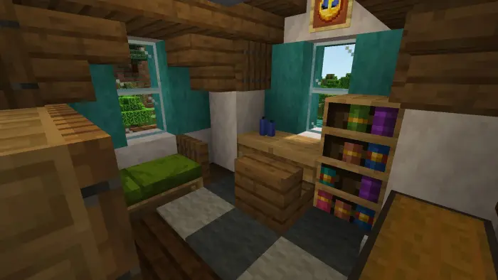 Cozy cottage bedroom with desk and bookshelf