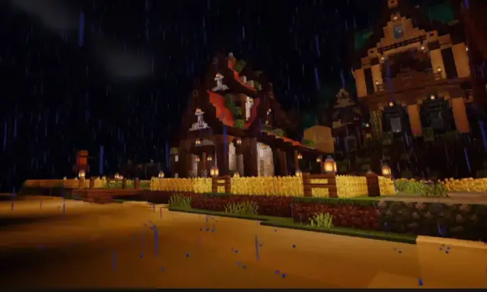 Warmly lit house with soft rain at night