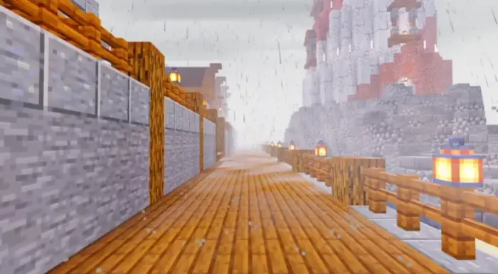 Wooden walkway in rain with soft lighting