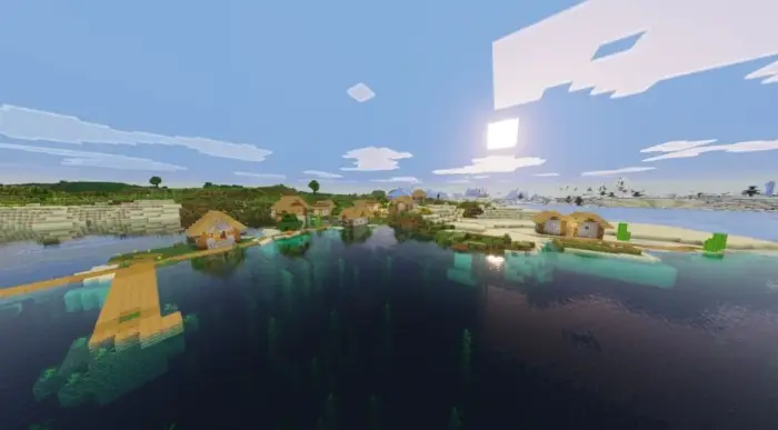 Vibrant shaders enhance a village by water