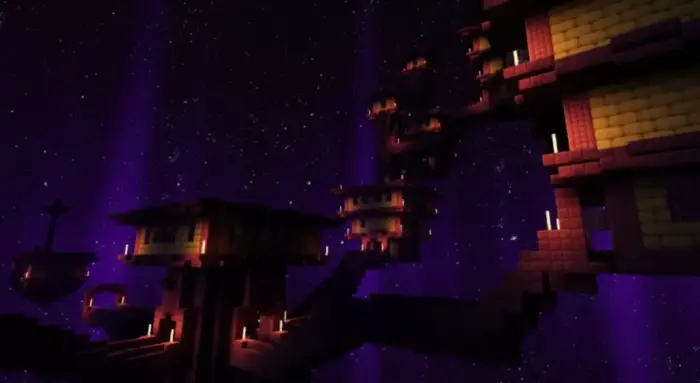 Purple-lit floating structures with dynamic shadows