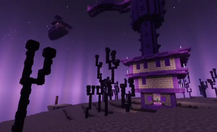Purple-lit blocky landscape with tall structures