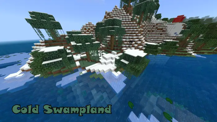 Snowy swamp biome with icy water and trees