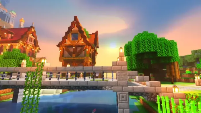 Sunset lighting on a bridge and cottage