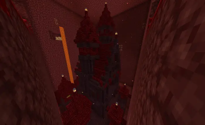 Tall red fortress with towers in the Nether
