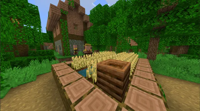 Village farm with two villagers in a forest