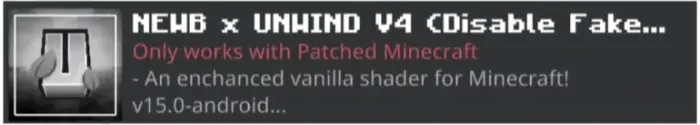 Shader pack info card with patch notice