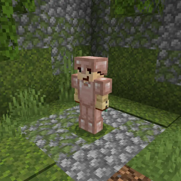 Player wearing rose gold armor in ruins