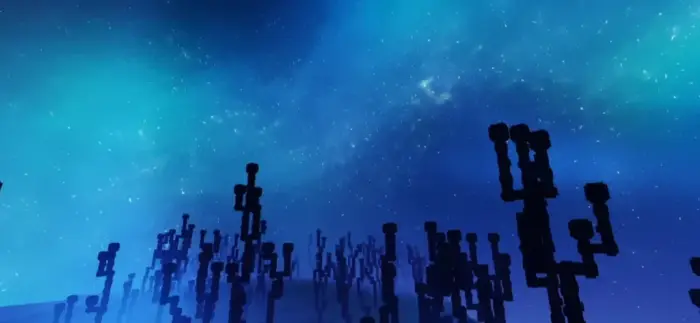 Sapphire-blue sky with glowing stars above.