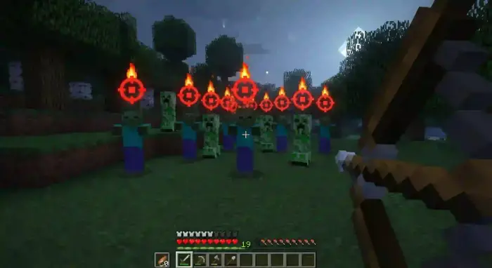 Bow aiming at mobs with red headshot targets.