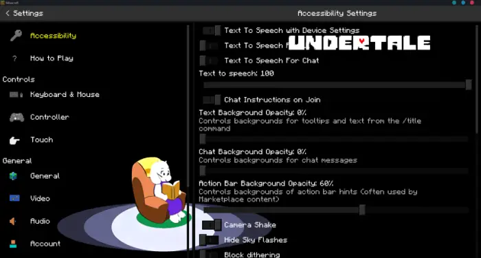 Undertale-style game settings menu screen