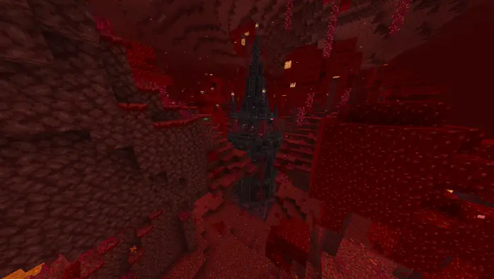 Dark fortress tower in a fiery red cavern