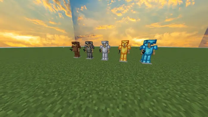 Five armored characters stand on grass field.