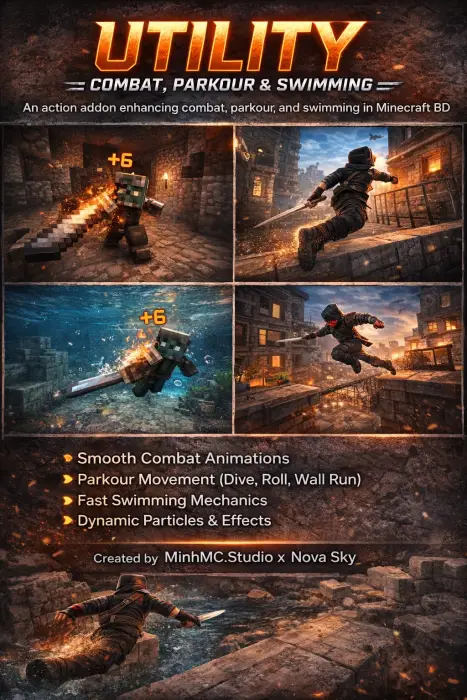 1. Player swings sword in combat scene 2. Character leaps across rooftop 3. Underwater action with sword attack 4. Parkour ju