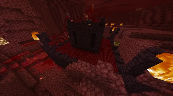 Dark fortress structure in a fiery cavern.