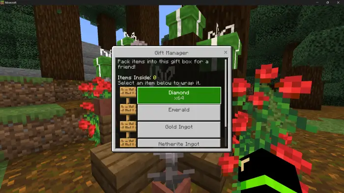 Gift box menu with item selection options.