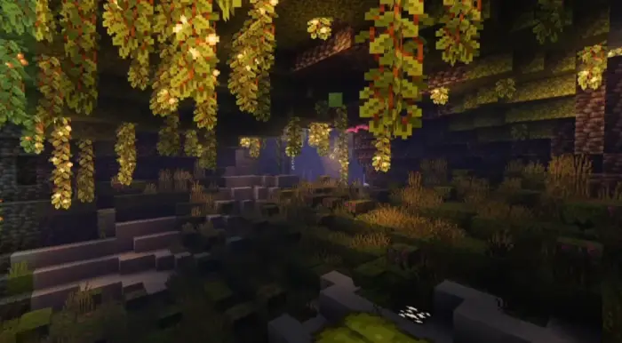 Lush cave with realistic foliage and lighting