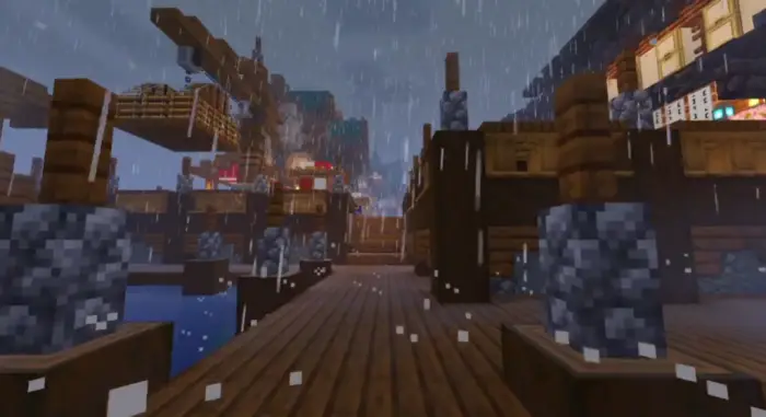 Rainy wooden dock with enhanced lighting effects