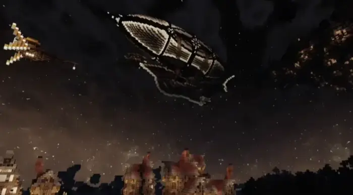 Airship with glowing lights in a night sky