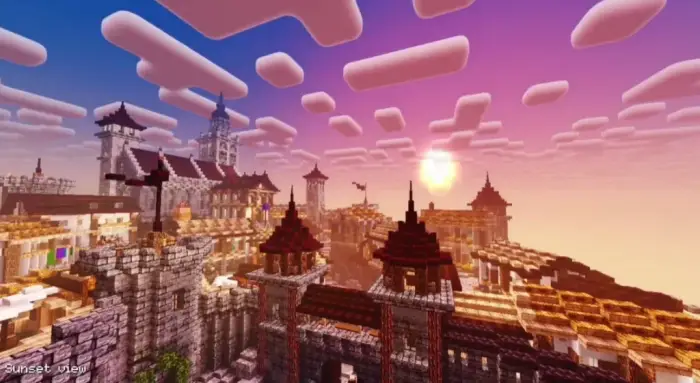 Sunset over detailed blocky castle build